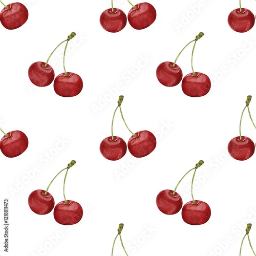 Cherry pattern for fabric design, cherry wallpaper, berry print, berry seamless pattern, on white background, watercolor