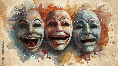 Laughing masks with positive emotions faces on colored painted background.