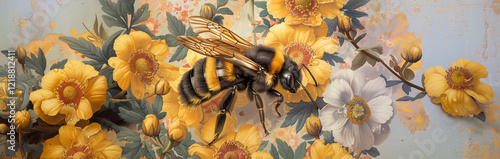 Bee collects nectar on yellow flowers. Close up of honeybee over peonies flowers.