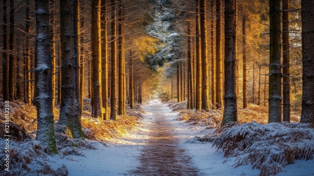 Sunlit Winter Path Through a Snow Covered Pine Forest Sunlit Winter Path Through a Snow Covered Pine Forest