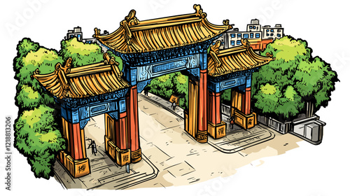 Vector comic hand-drawn illustration of Chinatown gate. Chinatown gate in New York