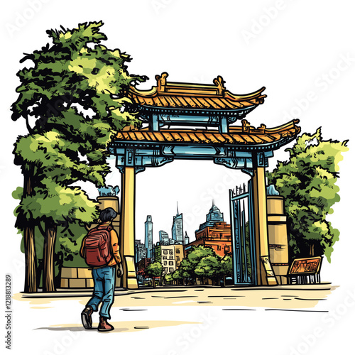 Vector comic hand-drawn illustration of Chinatown gate. Chinatown gate in New York