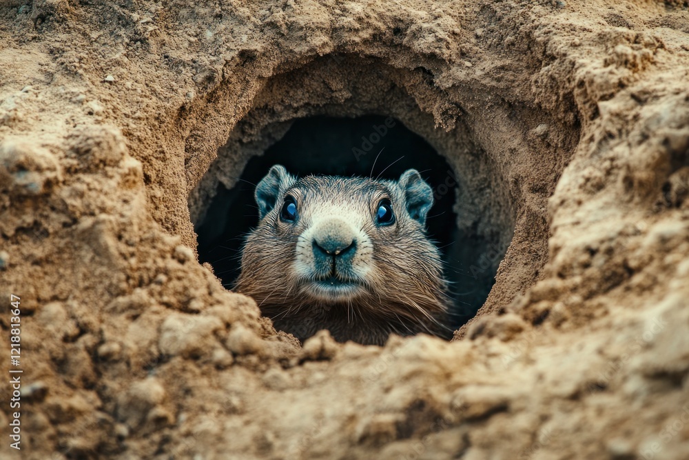 Fototapeta premium Garus's groundhog, which has no ears and is covered in fur with blue eyes, is peeking out of its burrow hole on the plain. Groundhog day.