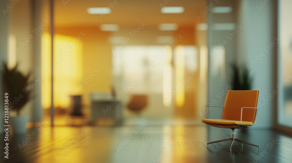 Fototapeta premium Blurred Minimalist Contemporary Office Interior with an Orange Chair and Soft Lighting in a Modern Work Environment