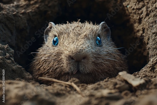 Garus's groundhog, which has no ears and is covered in fur with blue eyes, is peeking out of its burrow hole on the plain. Groundhog day.