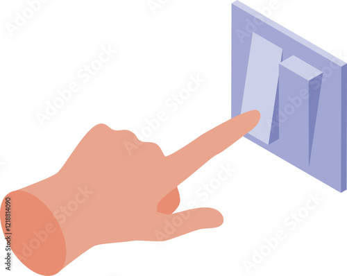 Hand turning on light switch in isometric view, energy and electricity concept