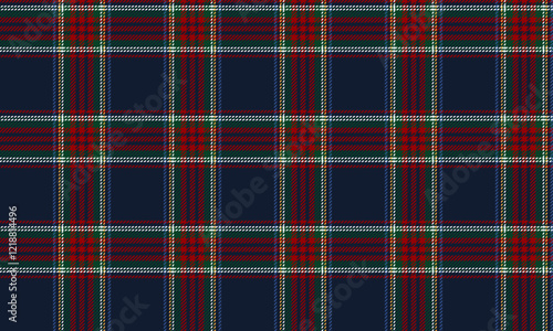 Plaid fabric pattern, blue, red, green, seamless for textiles, and for designing clothes, skirts, pants, or decorative fabrics. Vector illustration.