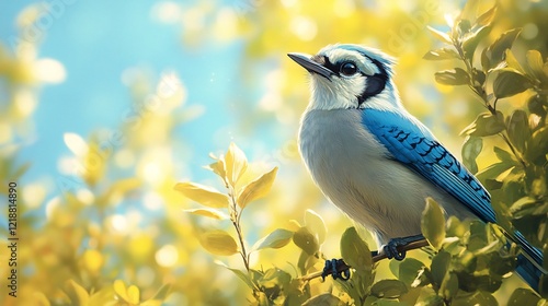 A blue jay calling out from the top of a tall oak tree photo