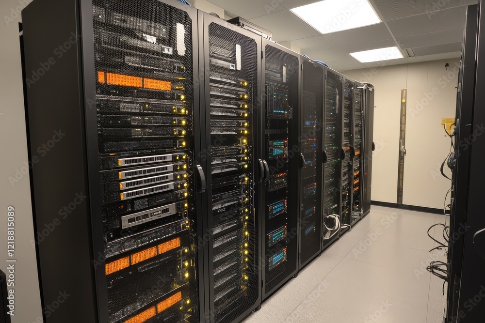 Rows of black server racks in a data center. Illustrates data storage, processing, and networking infrastructure. Rows of black server racks in a data center. Illustrates data storage, processing, and networking infrastructure.