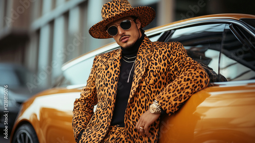 A stylish man in a head-to-toe animal print ensemble with a matching wide-brimmed hat, leaning against a luxury car