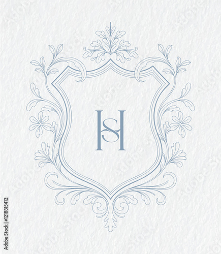 Adobe Illustrator ArtworkWedding monogram with HS initials Design. Floral monogram crest design. Vintage elegant wedding crest design.
