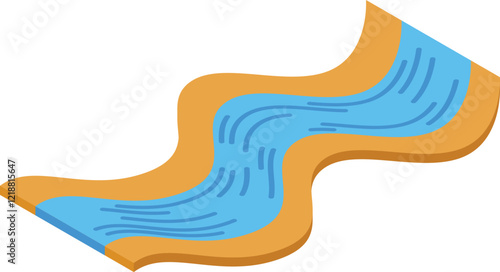 Isometric icon of a blue river flowing through a sandy desert landscape