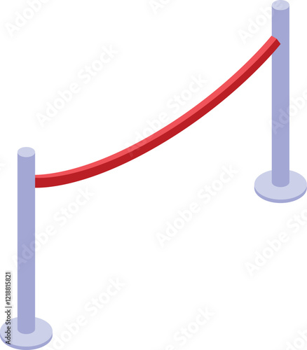 Isometric view of a red barrier rope connecting two metal poles, creating a visual separation or queue