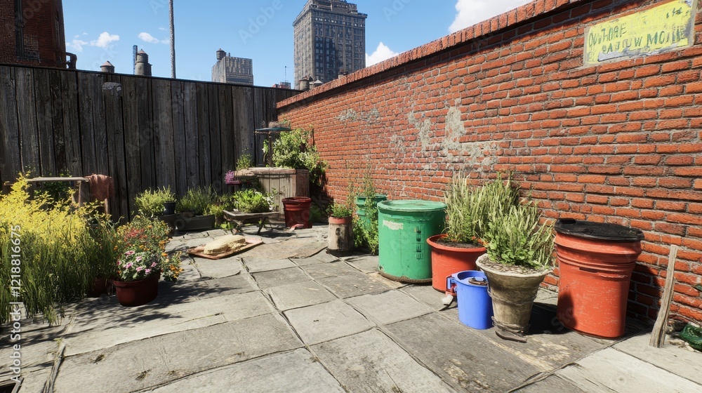 Fototapeta premium Urban Backyard Garden With Brick Wall And Plants