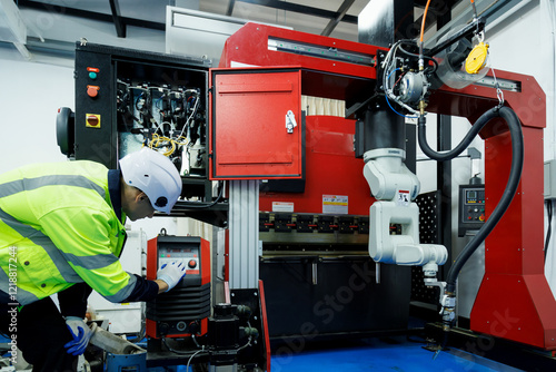 Robot engineer student learning to operating an industrial robotic welding machine in factory workshop at manufacturing. Modern manufacturing technology education and ai automation concept.