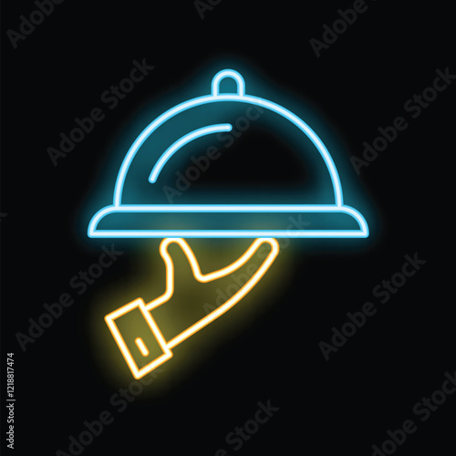 Neon style icon of a hand holding a serving tray platter, great for restaurant and food industry themes
