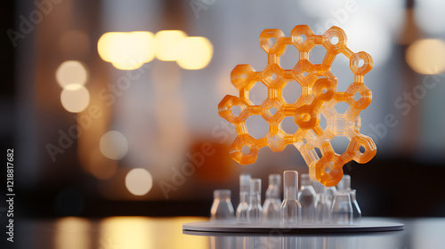 A 3D printed molecular model on display, showcasing a complex organic structure under bright studio lights, during an advanced chemistry presentation