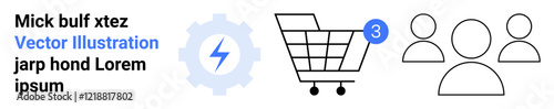 Gear with lightning bolt, shopping cart with notification, and group of three users. Ideal for eCommerce, user engagement, team collaboration, tech services, online platforms, app notifications, user