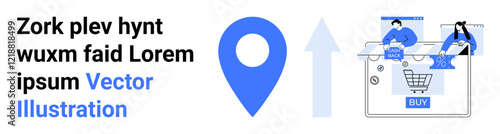 Free Download People processing e-commerce transaction, shopping cart with BUY button, large location pin, upward arrow. Ideal for online shopping, digital marketing, e-commerce, user interface, web design - GFXLoad