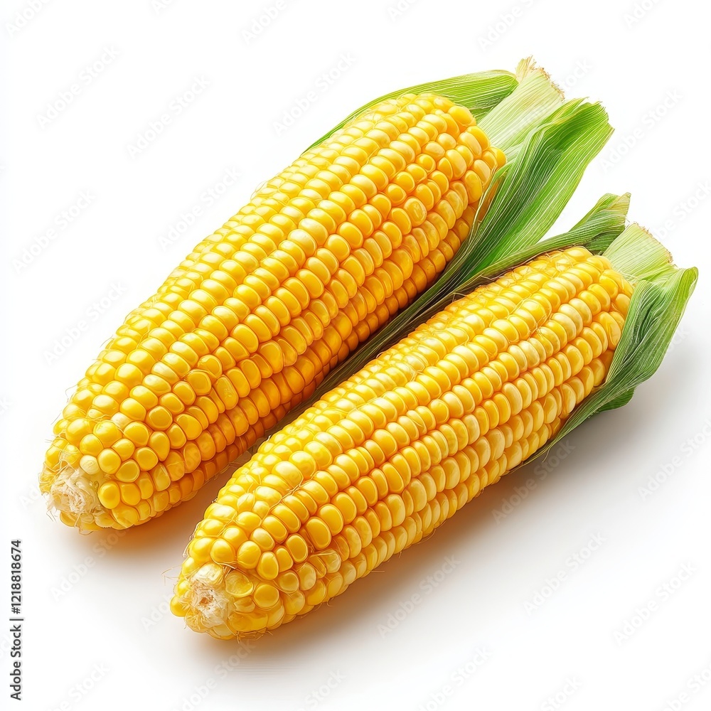 Fresh Corn Isolated on White Background, Highlighting Natural Food, Agriculture, and Organic Produce Concepts. Fresh Corn Isolated on White Background, Highlighting Natural Food, Agriculture, and Organic Produce Concepts.