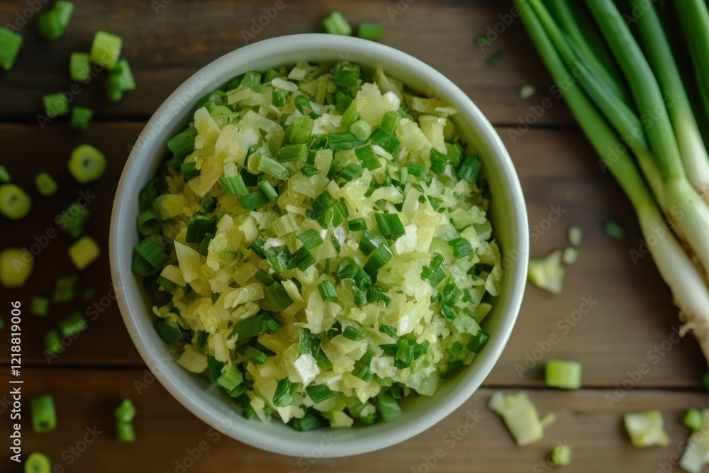 Green onions, sliced and cut into small pieces, in a white bowl on a wooden table with more green onions next to it. Green onions, sliced and cut into small pieces, in a white bowl on a wooden table with more green onions next to it.