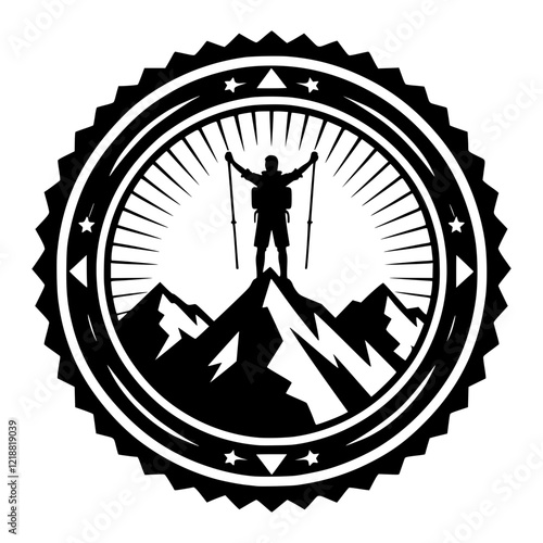 A silhouette of a hiker standing triumphantly on a mountain peak, framed by a circular badge photo