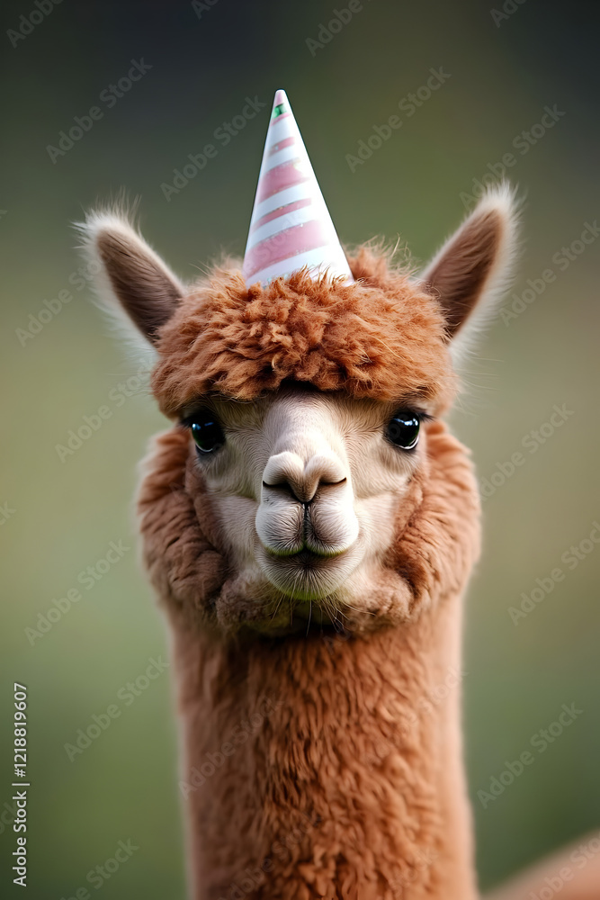 Fototapeta premium A fluffy alpaca with its head tilted, wearing a tiny party hat.