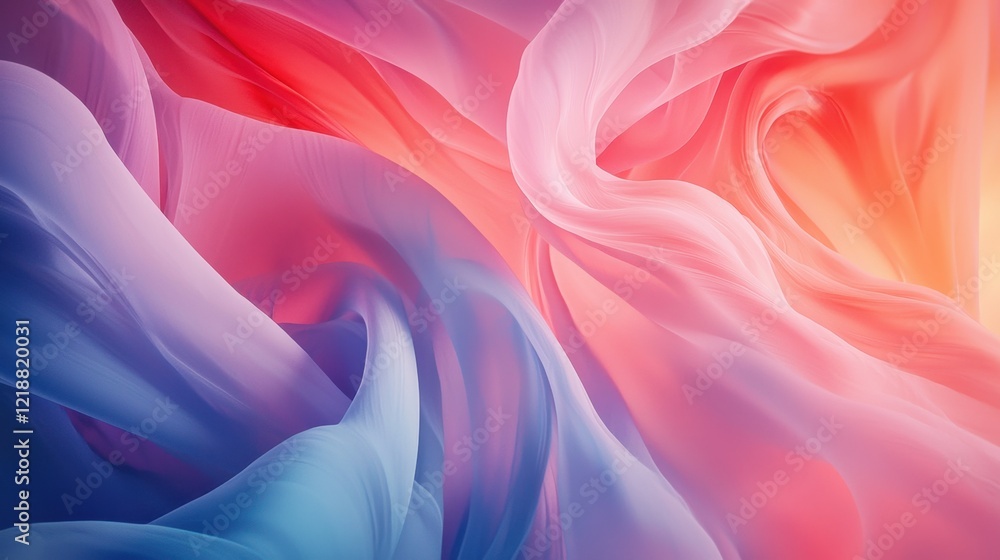 Obraz premium Flowing fabrics blend in a captivating dance of colors, showcasing hues of pink, blue, and soft orange under gentle light. The textures create a sense of movement