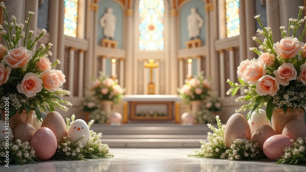 Elegant church altar decorated with roses and easter eggs for spring celebration Elegant church altar decorated with roses and easter eggs for spring celebration