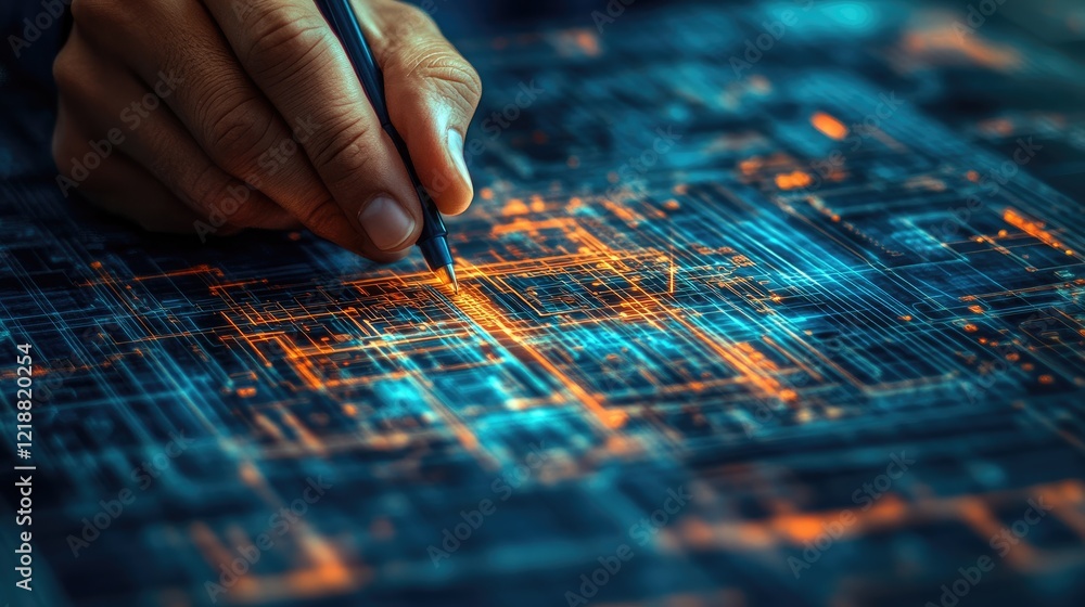 Hand Drawing Futuristic Digital Circuit Board with Glowing Orange and Blue Pathways