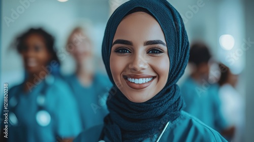 Happy and Diverse Medical Team in a Hospital Hall, Smiling and Laughing Together, Representing Teamwork, Healthcare, and Diversity in the Medical Profession.