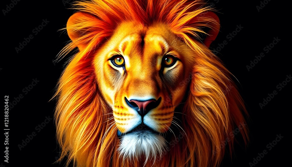 Fototapeta premium A striking close up of a male lionâ€™s vibrant mane, set against a deep, dark background