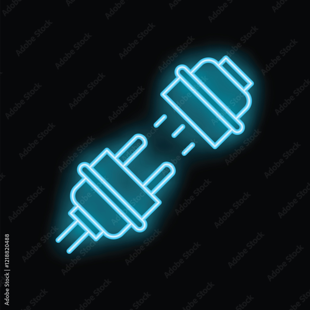 Neon blue electric plug being plugged in, isolated on a black background Neon blue electric plug being plugged in, isolated on a black background