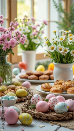 Wallpaper Mural Colorful easter eggs and flowers on a bright spring table setting Torontodigital.ca