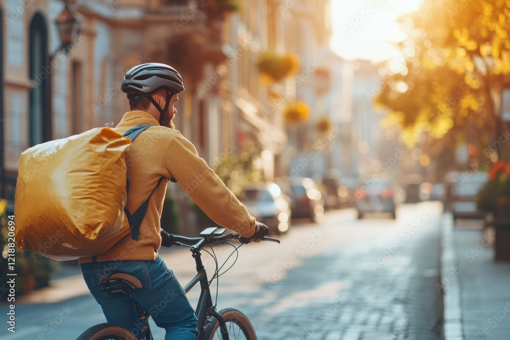 Bicycle courier with a yellow thermal backpack navigating a cobblestone street, delivering food during the enchanting golden hour in an urban cityscape filled with autumn leaves
