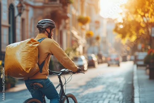 Obraz na płótnie Bicycle courier with a yellow thermal backpack navigating a cobblestone street, delivering food during the enchanting golden hour in an urban cityscape filled with autumn leaves w salonie