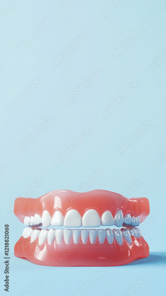 Realistic dental model showcasing upper and lower teeth on a light blue background Realistic dental model showcasing upper and lower teeth on a light blue background