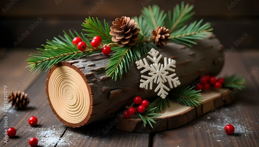 A rustic Christmas log adorned with pine branches and pinecones, creating a festive vibe A rustic Christmas log adorned with pine branches and pinecones, creating a festive vibe