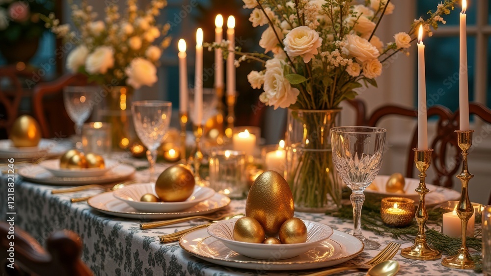Elegant candlelit dinner table with golden decorations and floral centerpieces Elegant candlelit dinner table with golden decorations and floral centerpieces