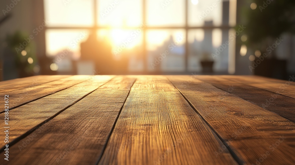 Close-Up of a Wooden Tabletop Bathed in Warm Sunlight with a Soft Background of an Urban Setting and Blurred Details Close-Up of a Wooden Tabletop Bathed in Warm Sunlight with a Soft Background of an Urban Setting and Blurred Details