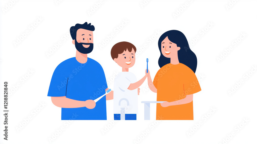 Toothbrush Time, A family is joyfully brushing their teeth together in a bright bathroom scene, showcasing healthy habits and togetherness. Toothbrush Time, A family is joyfully brushing their teeth together in a bright bathroom scene, showcasing healthy habits and togetherness.