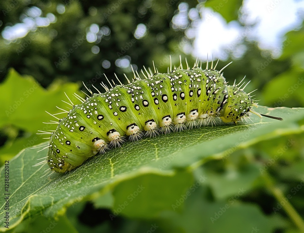 Naklejka premium Green Caterpillar Crawls on Leaf, Nature's Tiny Wonder, Close-Up View of Insect