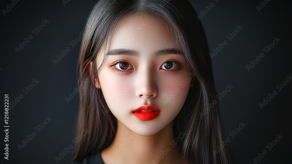 Beautiful Young Woman Portrait Red Lips Dark Hair Studio Shot Girl Face Eyes Skin Look Model Brown Beautiful Young Woman Portrait Red Lips Dark Hair Studio Shot Girl Face Eyes Skin Look Model Brown