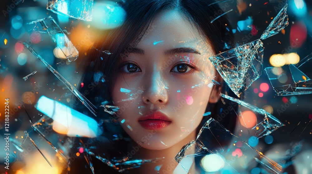 Woman with Elegant Features Surrounded by Colorful Shattered Glass Woman with Elegant Features Surrounded by Colorful Shattered Glass