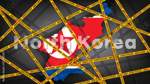 Vector map of North Korea in colors of national flag. Yellow prohibitory tapes with inscription sanctions. Political economic banner. Prohibition and crisis.