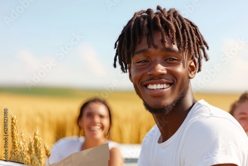 Young black man with dreadlocks smiling while enjoying a summer road trip with friends, stopping by a wheat field, holding spikelets and having fun