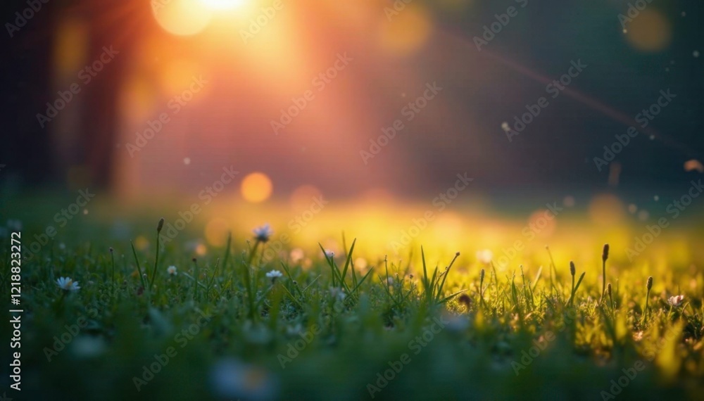 Obraz premium Grassy area bathed in warm multicolored light, fractured beam, soft focus, colored illumination