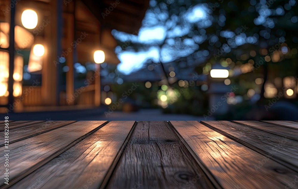 Empty wooden table top with a blurred background of an outdoor Japanese restaurant at night, suitable for product display, food, Empty wooden table top with a blurred background of an outdoor Japanese restaurant at night, suitable for product display, food,