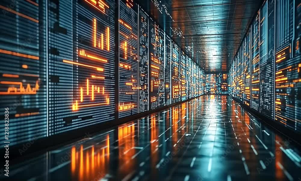 Futuristic Data Corridor: Walls of glowing code and data streams.