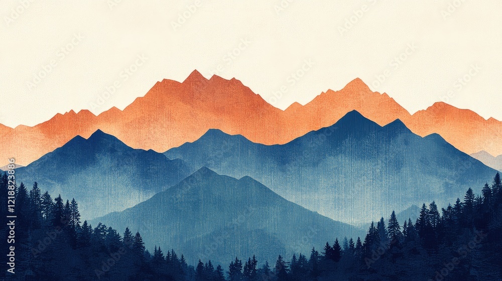 Scenic Mountain Range Silhouette in Vibrant Orange and Blue Hues with Forest in Foreground Scenic Mountain Range Silhouette in Vibrant Orange and Blue Hues with Forest in Foreground